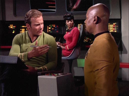 Kirk, Sisko, and Uhura in everybody's favorite DS9 episode, Trials and Tribble-ations