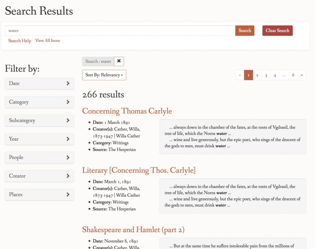 screenshot of search results on willa cather archive, with side bar, individual results, pagination, and sorting